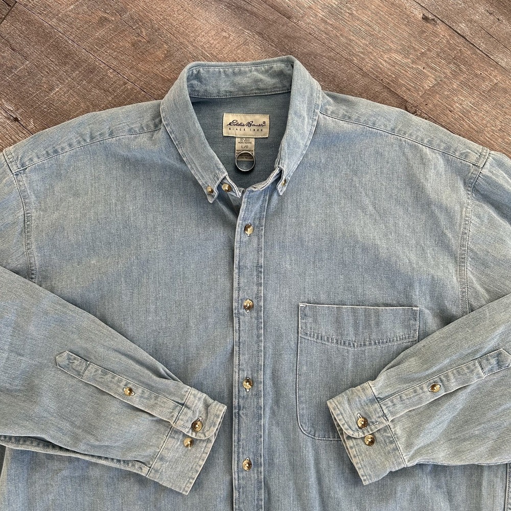 Vintage Eddie Bauer Denim Shirt Mens L Blue Jean Long Sleeve Button Down Outdoor
